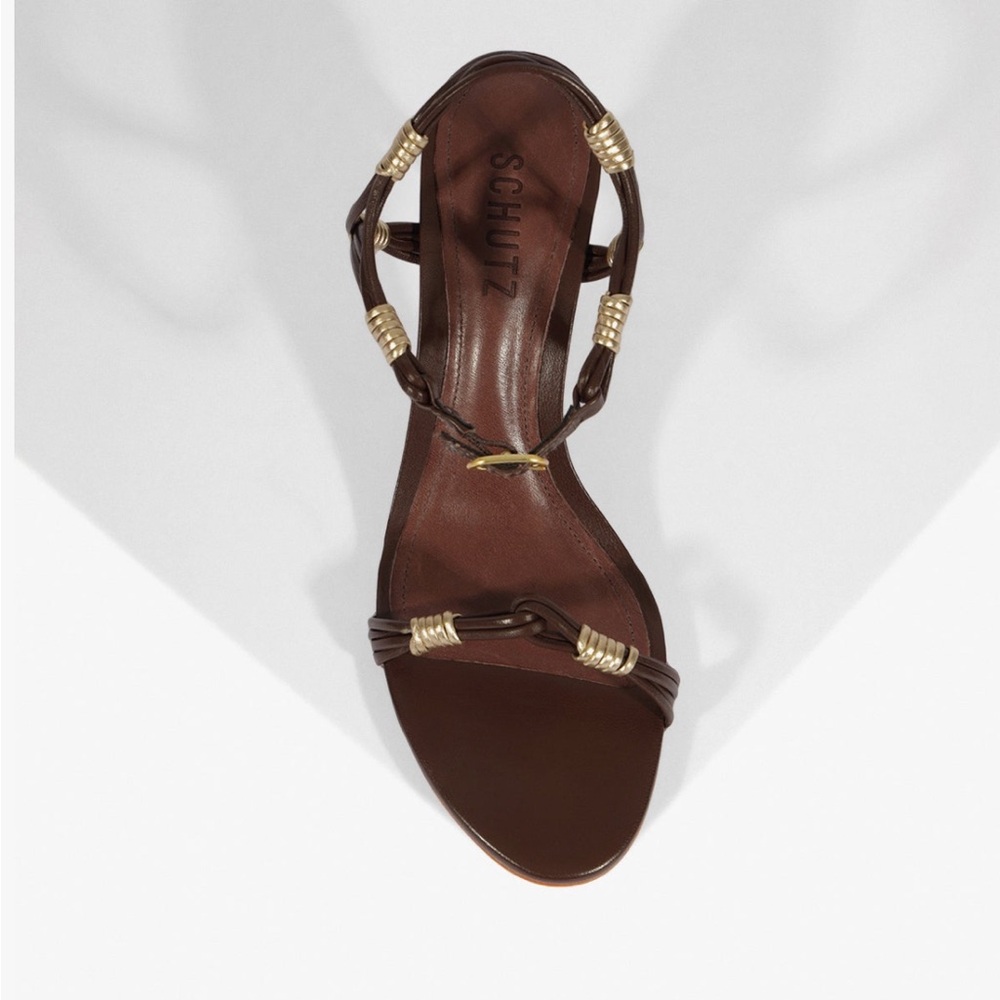 SCHUTZ Brown Leather Knotted High-Heel Sandal with Gold Accents - Picture 2 of 5
